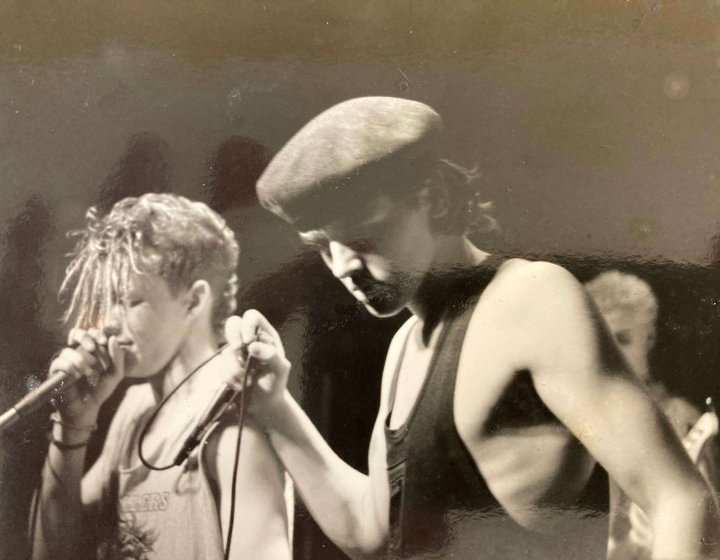 Black and white photo of band 'Five Minute Fashion' playing at Victor Dragos in Falmouth in 1990.